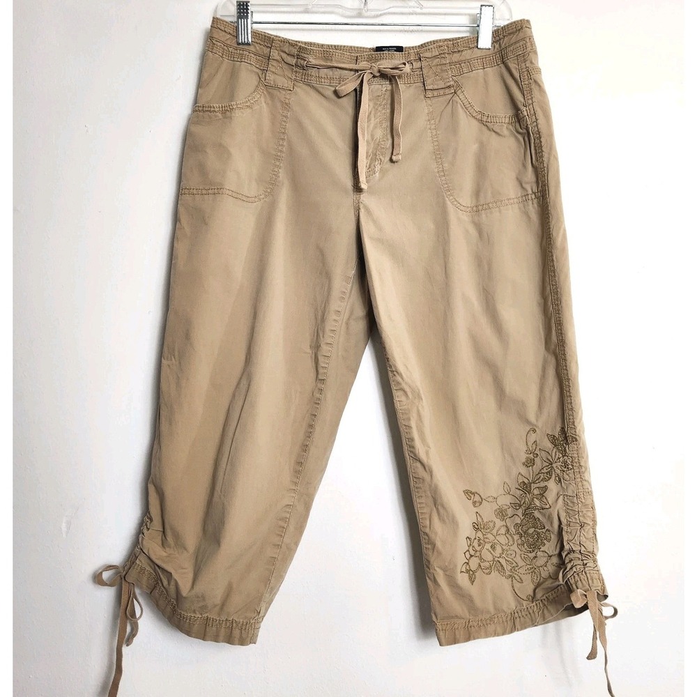 Faded Glory Y2K Cargo Capri Pants  Sz 10 Embroidered Side Tie Boho Fairy Floral
